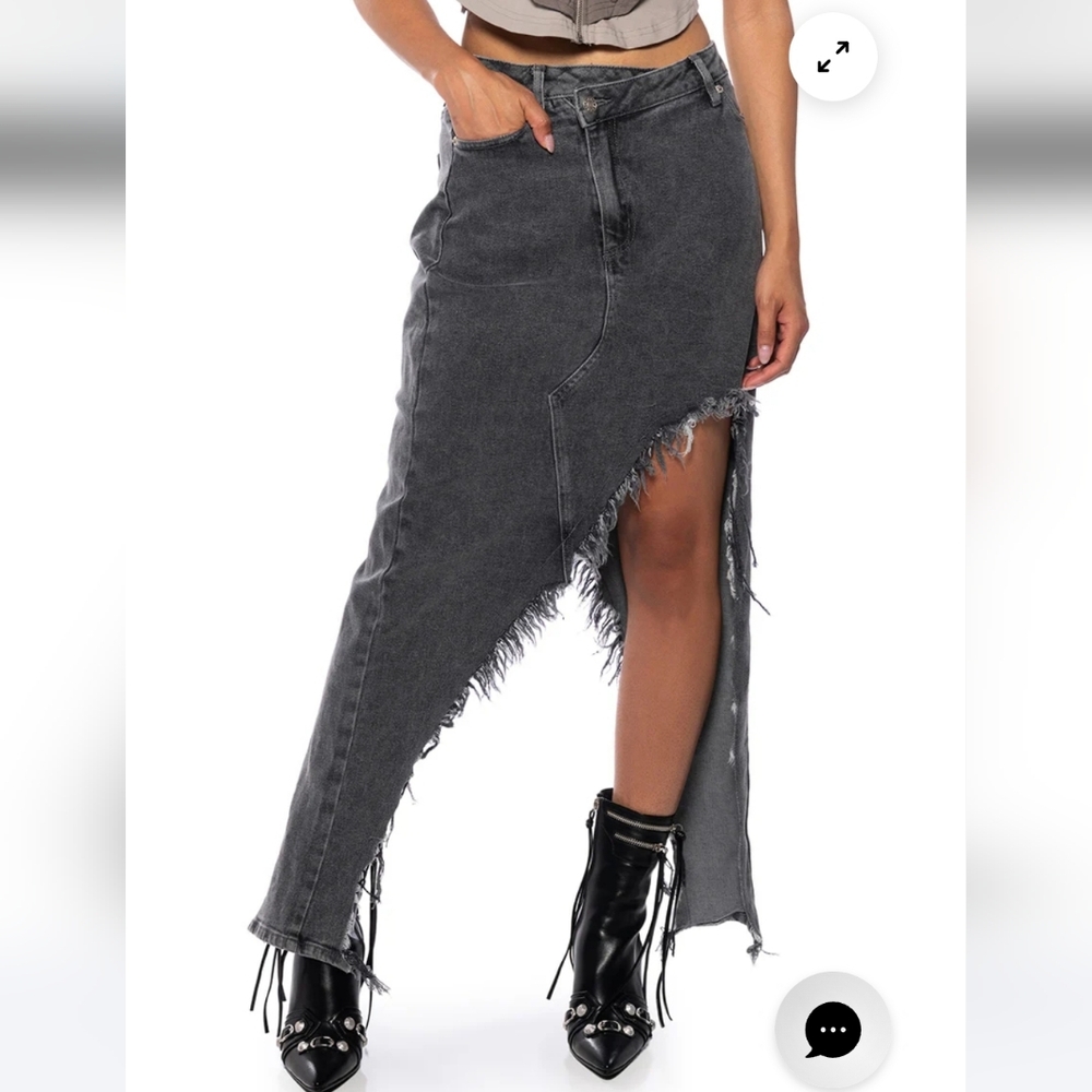 AKIRA Just Wanna Dance Black Distressed Denim Hi-Lo Skirt - Picture 3 of 8